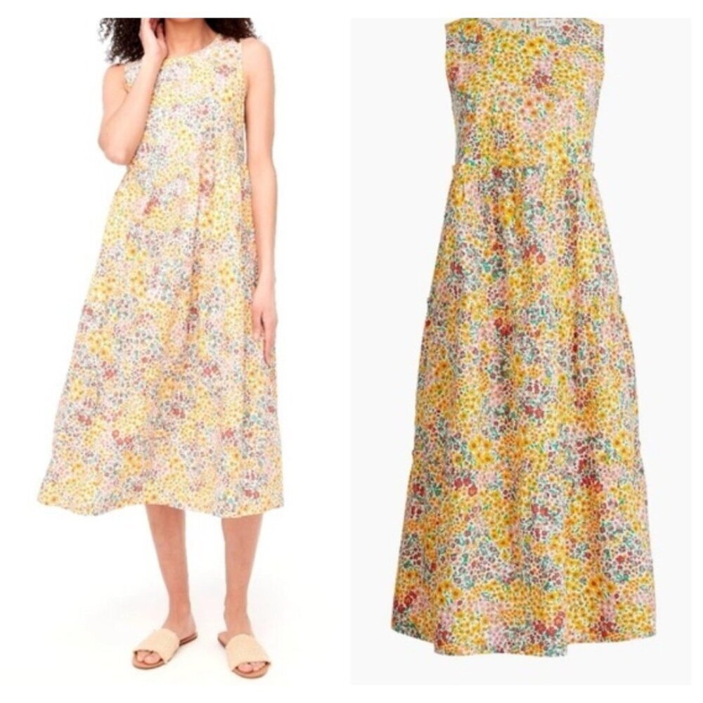 J. Crew Yellow Tiered Midi Dress Floral Print‎ Cotton Pockets Size 2 Cottagecore